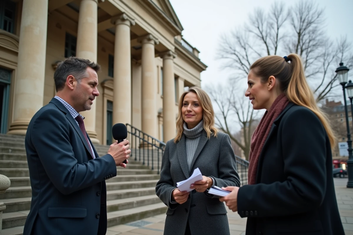 Journalistes rassemblés devant un palais de justice français lors d'une conférence de presse liée à une affaire judiciaire