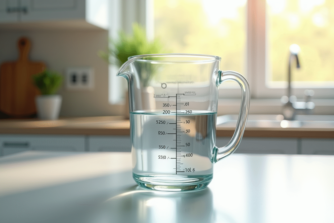 Verre mesureur d'eau sur plan de cuisine lumineux