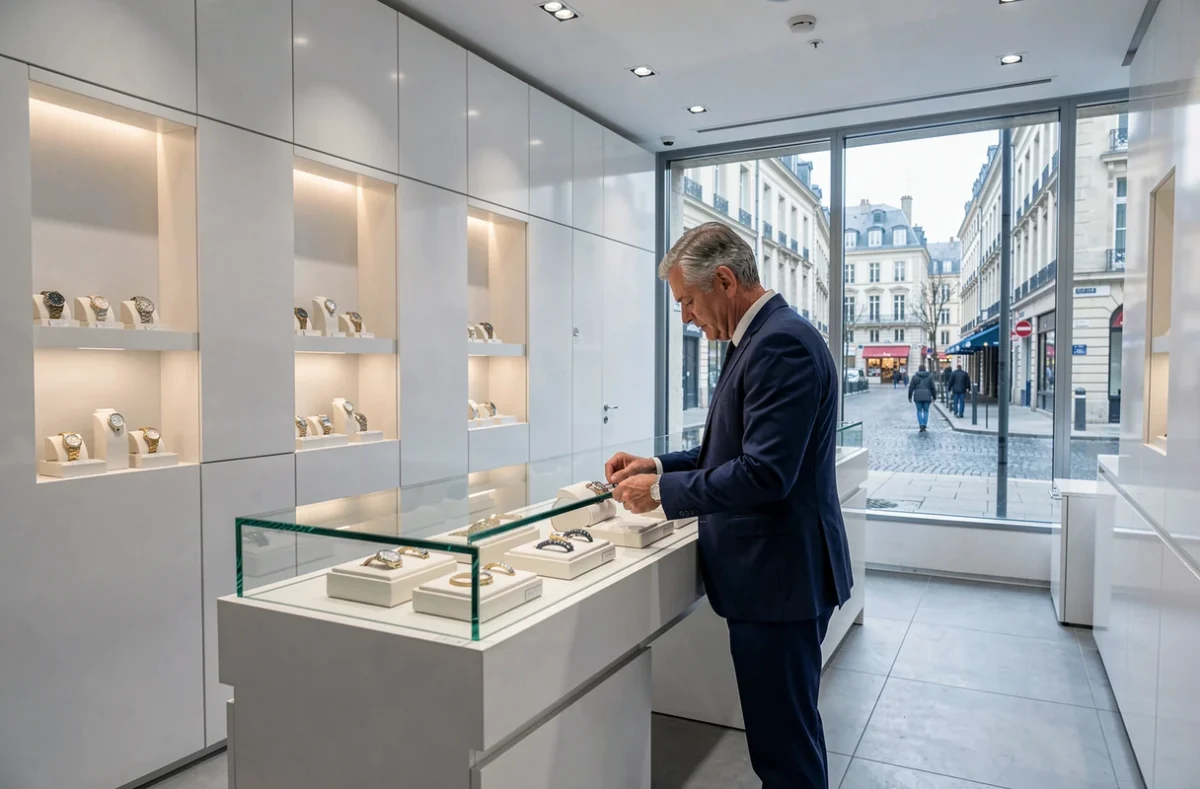 Boutique Langevin Perrier à Rennes avec des niches rétroéclairées présentant montres et bijoux de luxe et un joaillier ajustant un article