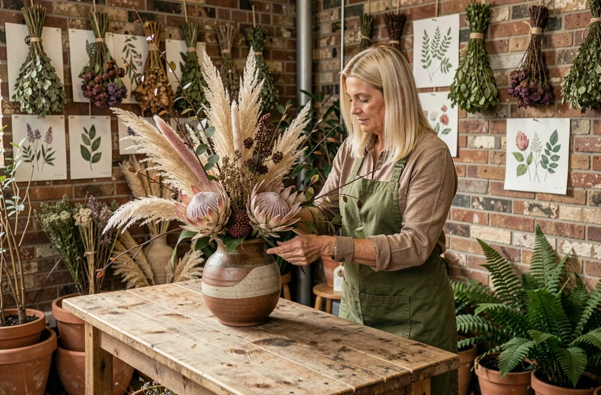 Fleuriste créative réalisant un arrangement botanique sculpté avec des fleurs séchées dans la boutique L'Autre Saison