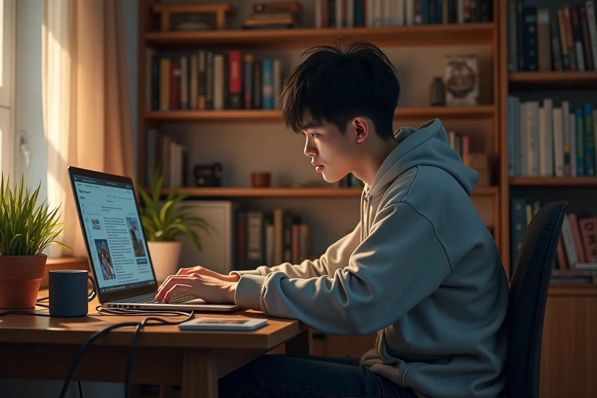 Jeune homme consultant un site de lecture de manga en ligne sur son ordinateur portable, illustrant les risques légaux des plateformes non officielles