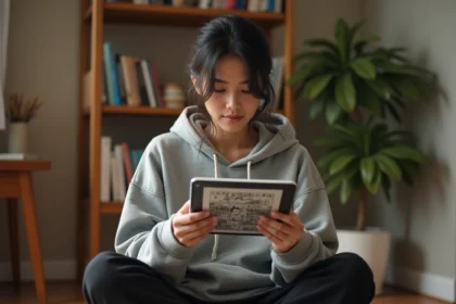 Jeune femme lisant un scan manga en français sur une tablette dans un appartement cosy, illustrant la lecture de scans VF gratuits en ligne