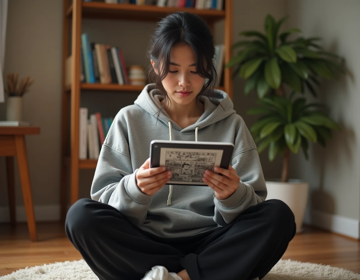 Jeune femme lisant un scan manga en français sur une tablette dans un appartement cosy, illustrant la lecture de scans VF gratuits en ligne