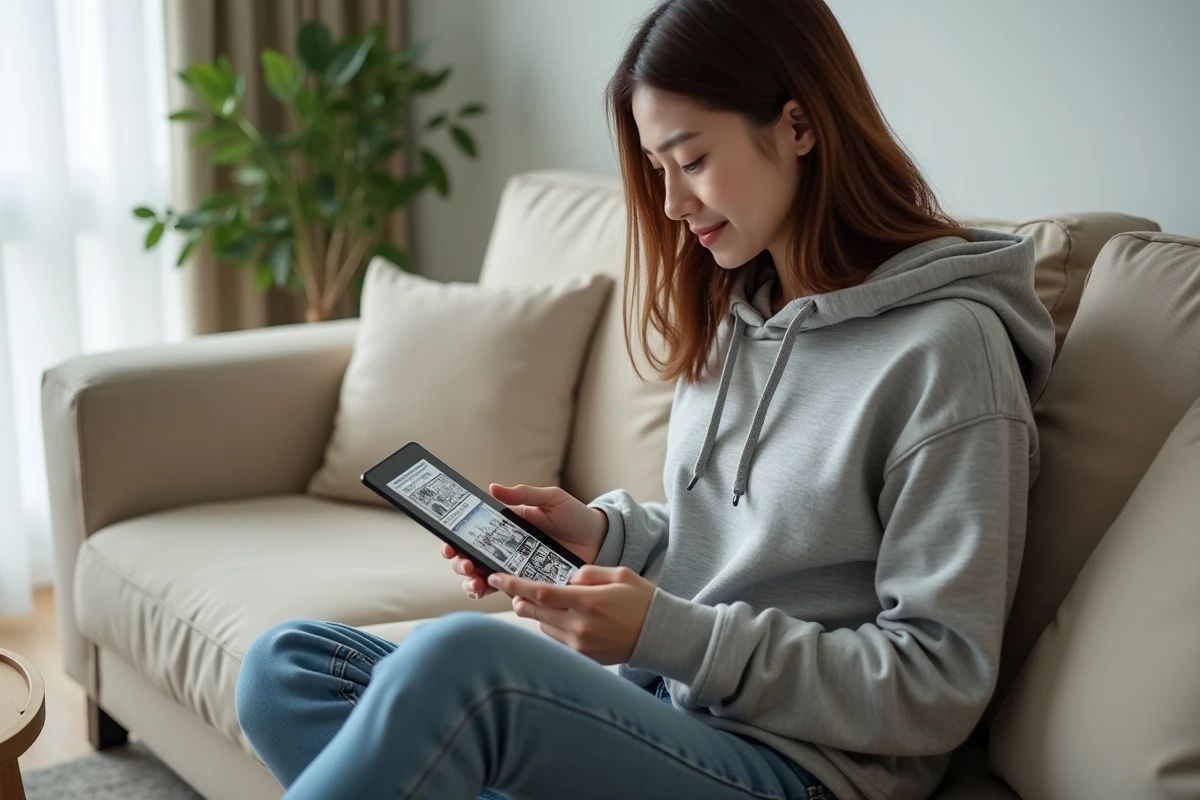 Jeune femme lisant le scan VF de L'Impérieux Destin du docteur Elise sur une tablette dans un salon moderne
