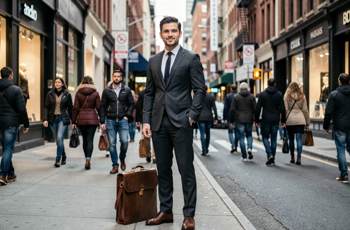 Jeune homme en costume sombre avec mallette dans une rue urbaine animée, posture confiante et regard déterminé rappelant les ambitions de Leorio dans l'univers Hunter x Hunter