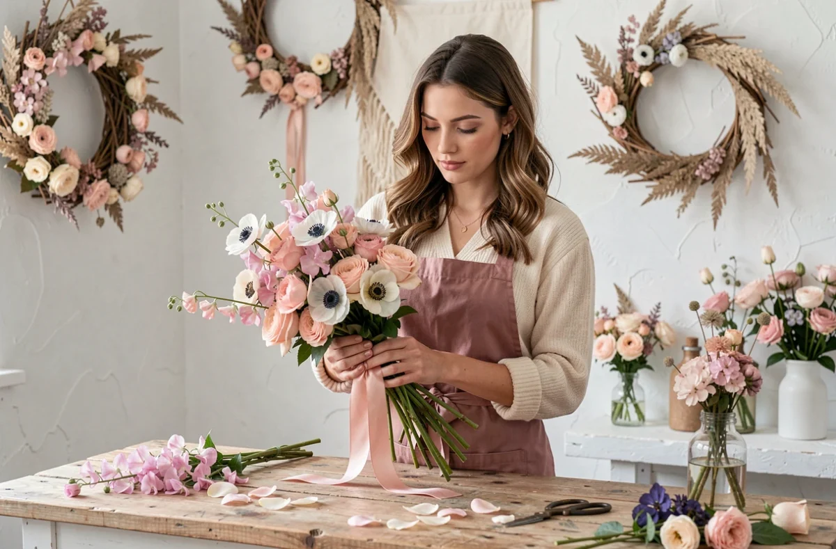 Jeune fleuriste Manon nouant un bouquet romantique de pivoines et anémones dans son studio floral personnel dans le Puy-de-Dôme