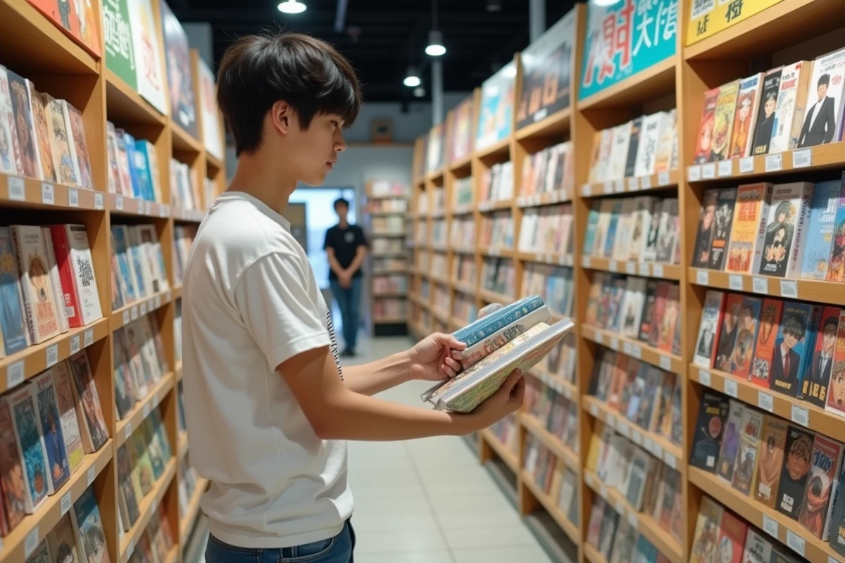 Adolescent parcourant des mangas officiels dans une librairie spécialisée, mettant en avant les alternatives légales et sûres pour lire des mangas