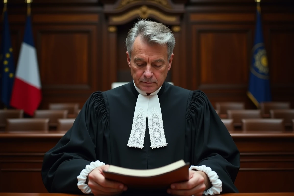 Magistrat en robe noire examinant un dossier judiciaire épais dans une salle d'audience française