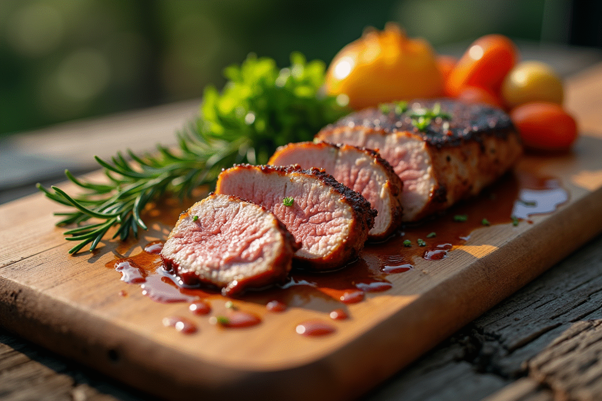 Magret de canard tranché sur planche en bois rustique