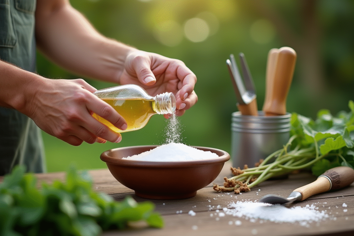 Mains de jardinier mélangeant vinaigre et sel dans un bol en extérieur