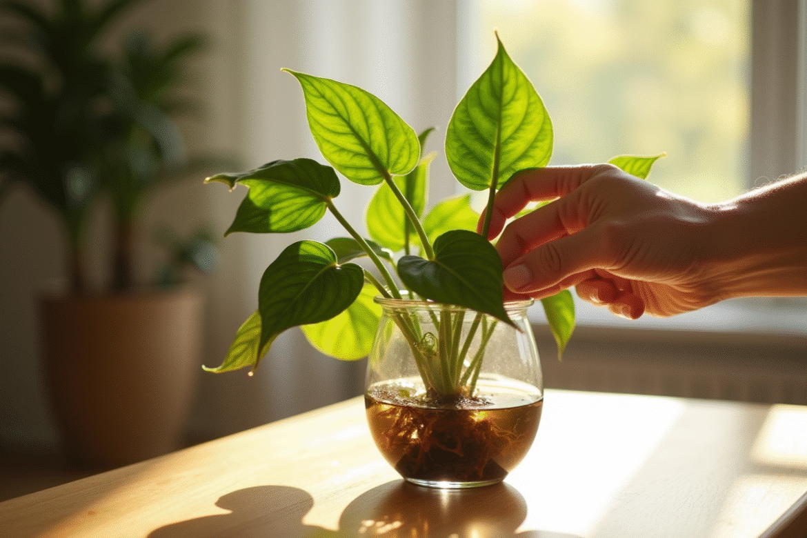 Mains plaçant une plante pothos dans l'eau en lumière naturelle