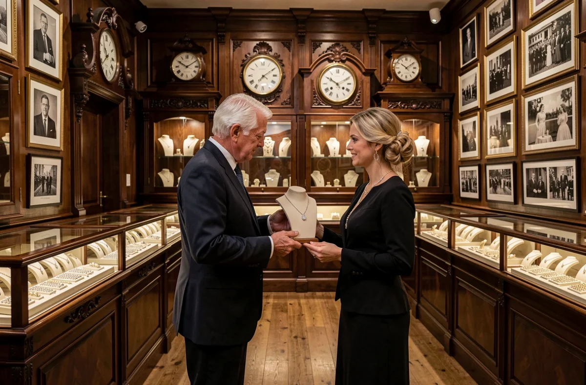 Intérieur de la Maison Prieur à Brest, bijouterie historique avec vitrines en acajou et joaillier présentant un collier de diamants