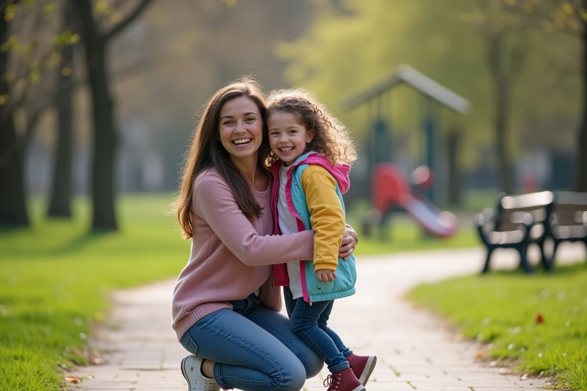 Jeune femme et fille adoptive riant dans un parc au printemps