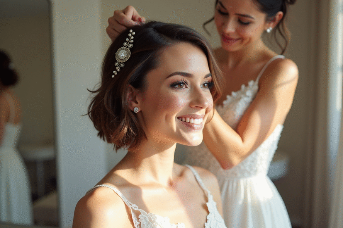 Mariée souriante avec coiffure courte élégante pour mariage