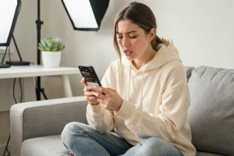 Jeune femme consultant TikTok sur son smartphone pour choisir la meilleure heure de publication le vendredi
