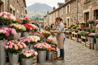 Marché aux fleurs coloré dans une rue pavée du Puy-de-Dôme avec une fleuriste arrangeant des bouquets en zinc