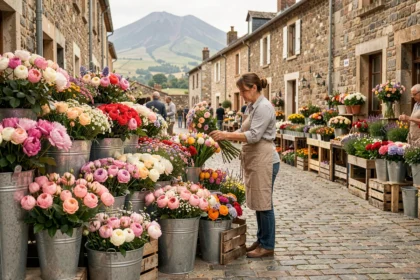 Marché aux fleurs coloré dans une rue pavée du Puy-de-Dôme avec une fleuriste arrangeant des bouquets en zinc