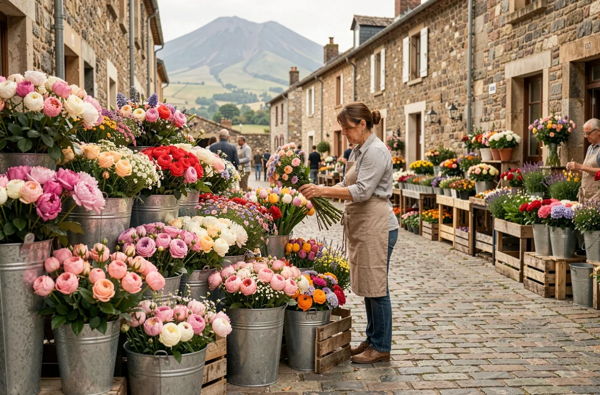 Marché aux fleurs coloré dans une rue pavée du Puy-de-Dôme avec une fleuriste arrangeant des bouquets en zinc