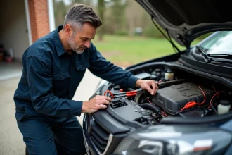 Homme utilisant un multimètre pour mesurer la tension d'une batterie de voiture dans une allée résidentielle