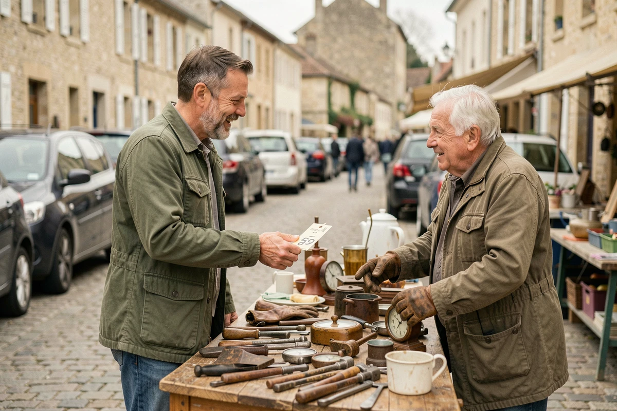 Négociation amicale entre acheteur et vendeur lors d'un vide grenier en village, Haute-Loire 43