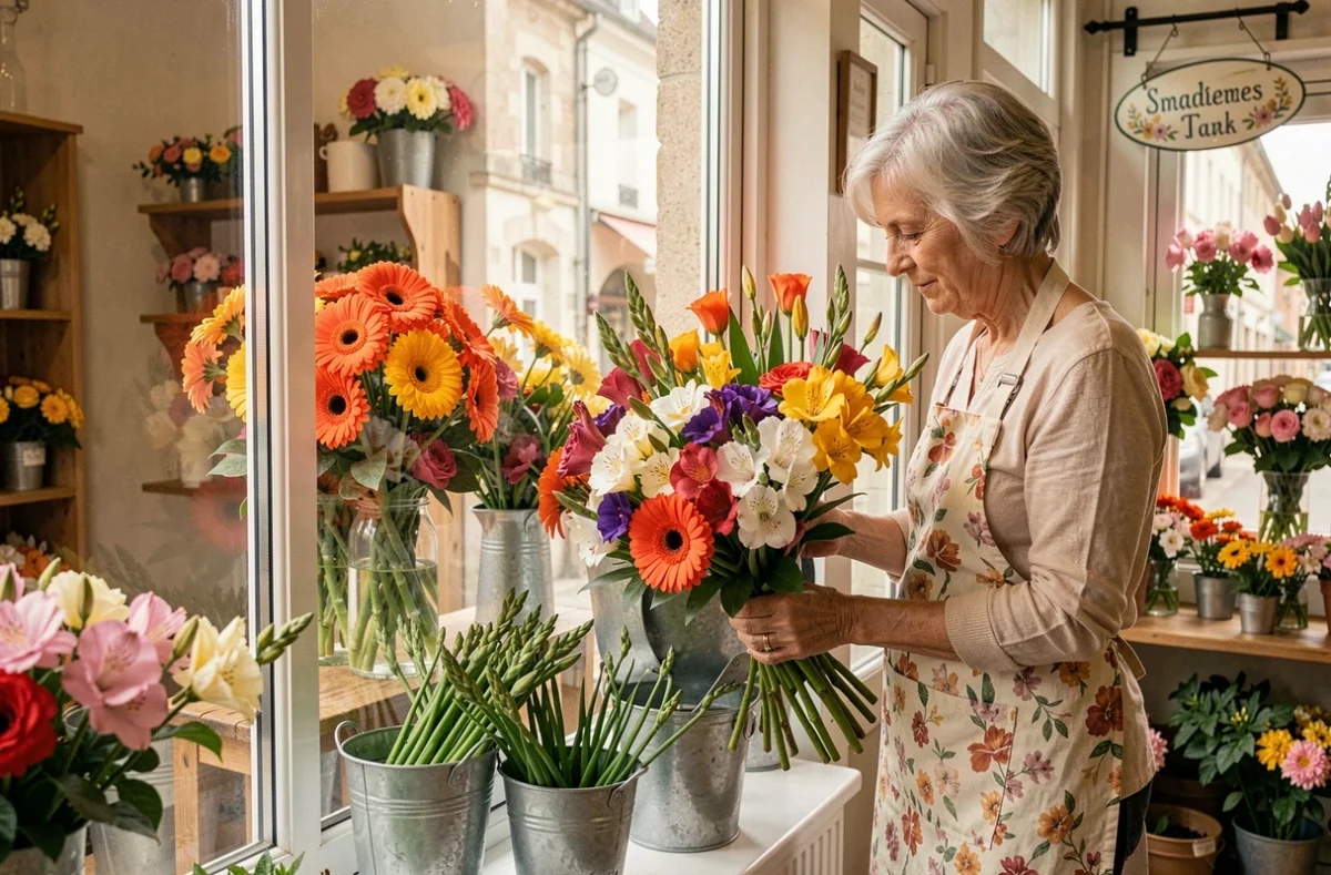 Fleuriste arrangeant un bouquet coloré de gerberas et freesias devant la vitrine ensoleillée d'Ô Fleurs d'Aulnat