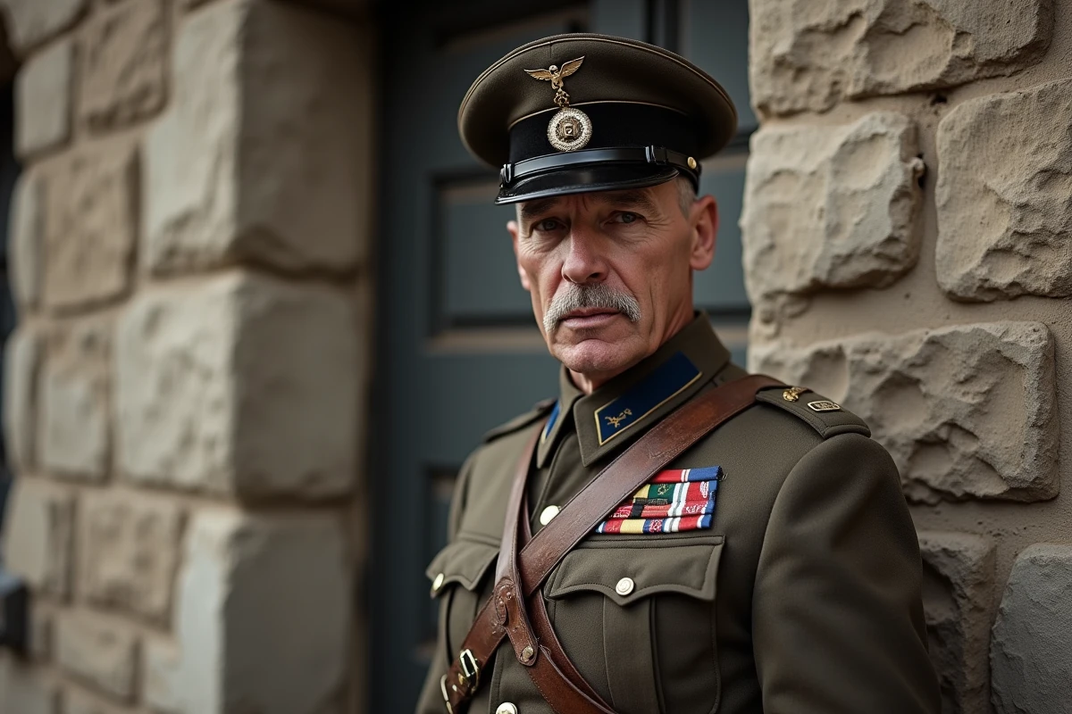 Portrait d'un officier militaire français en uniforme des années 1940, style photographique d'archives historiques