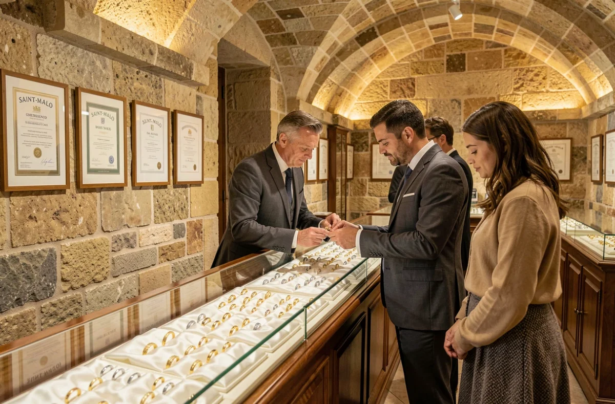 Boutique Or et Diamant Milet-Dulon à Saint-Malo présentant une collection d'alliances en or et platine avec un joaillier assistant un couple