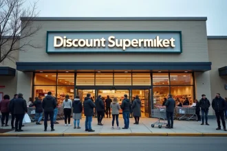 Foule de clients devant l'entrée d'un nouveau supermarché Lidl le jour de son ouverture dans un quartier urbain