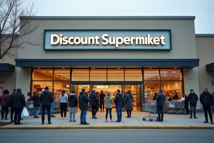 Foule de clients devant l'entrée d'un nouveau supermarché Lidl le jour de son ouverture dans un quartier urbain