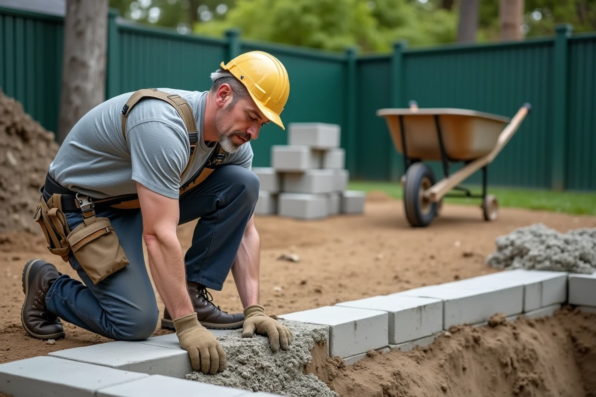 Ouvrier mesurant le fond d'une piscine en construction