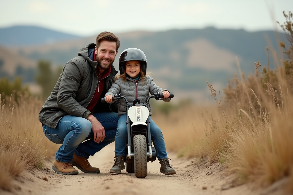 Père et fille avec moto dans un décor rural