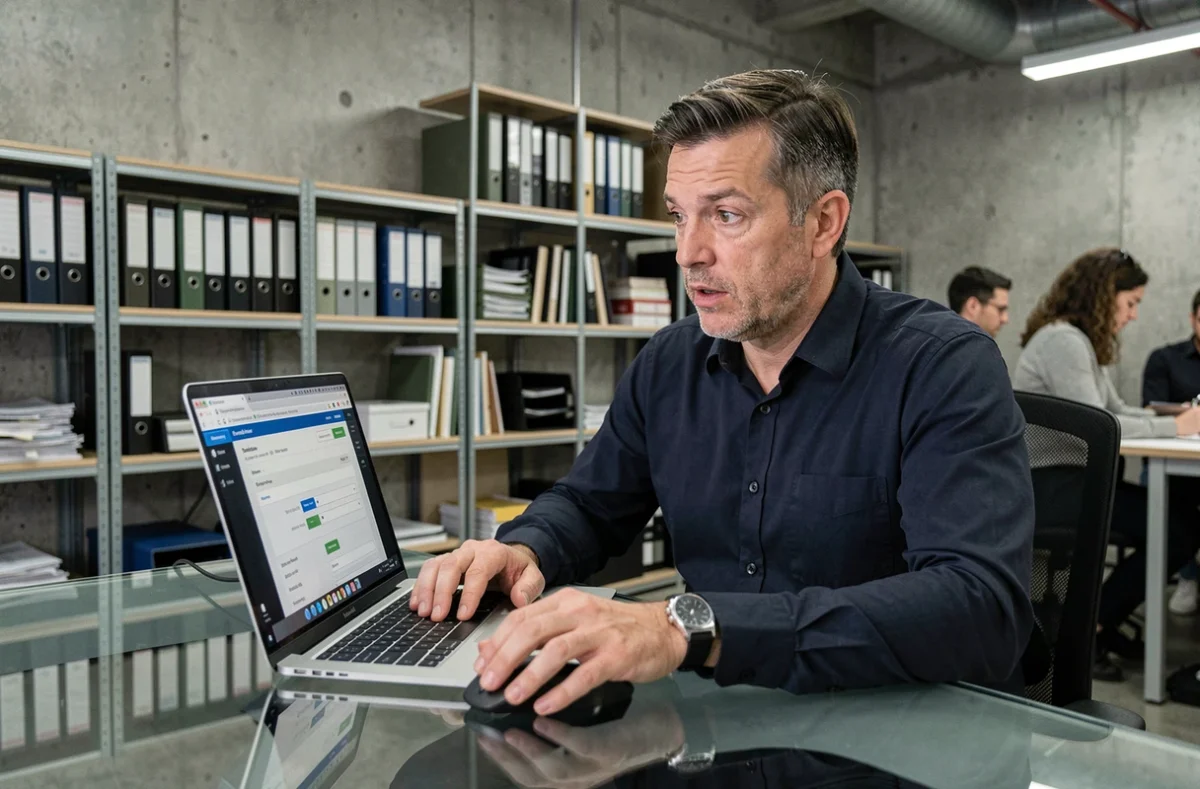 Homme utilisant les paramètres avancés d'un logiciel sur ordinateur portable dans un espace de coworking moderne
