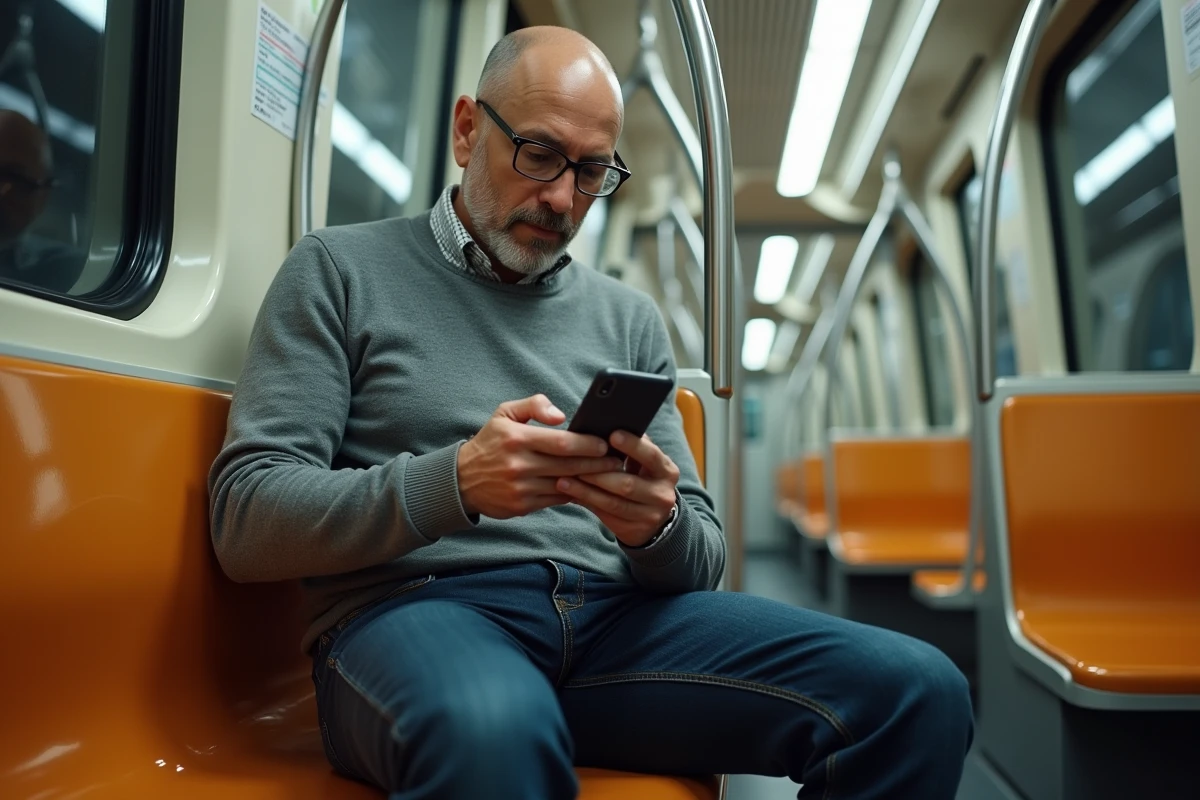 Passager consultant l'itinéraire de la ligne 10 du métro parisien sur smartphone dans une rame en mouvement