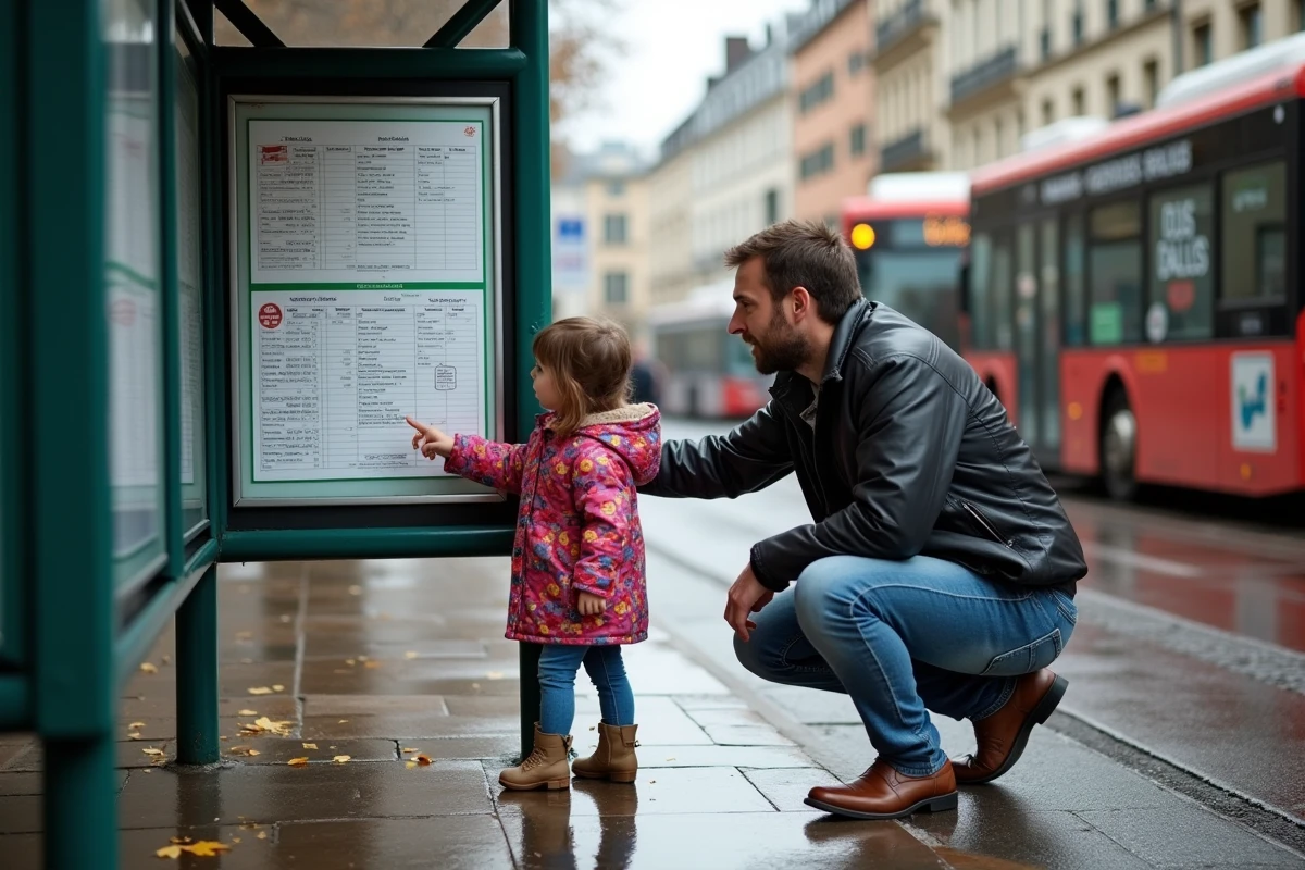 Pere et fille regardant un horaire de bus dans la rue