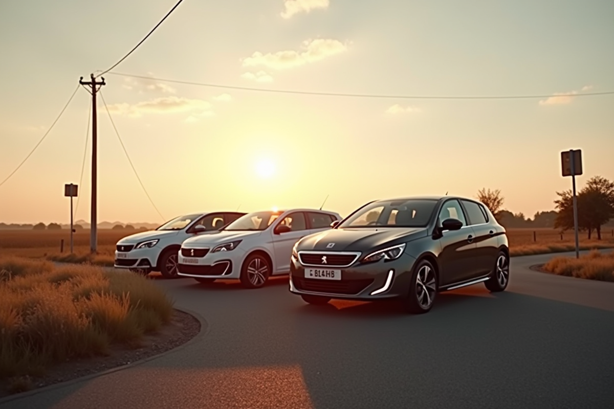 Peugeot 308 2021 à un croisement rural au coucher du soleil
