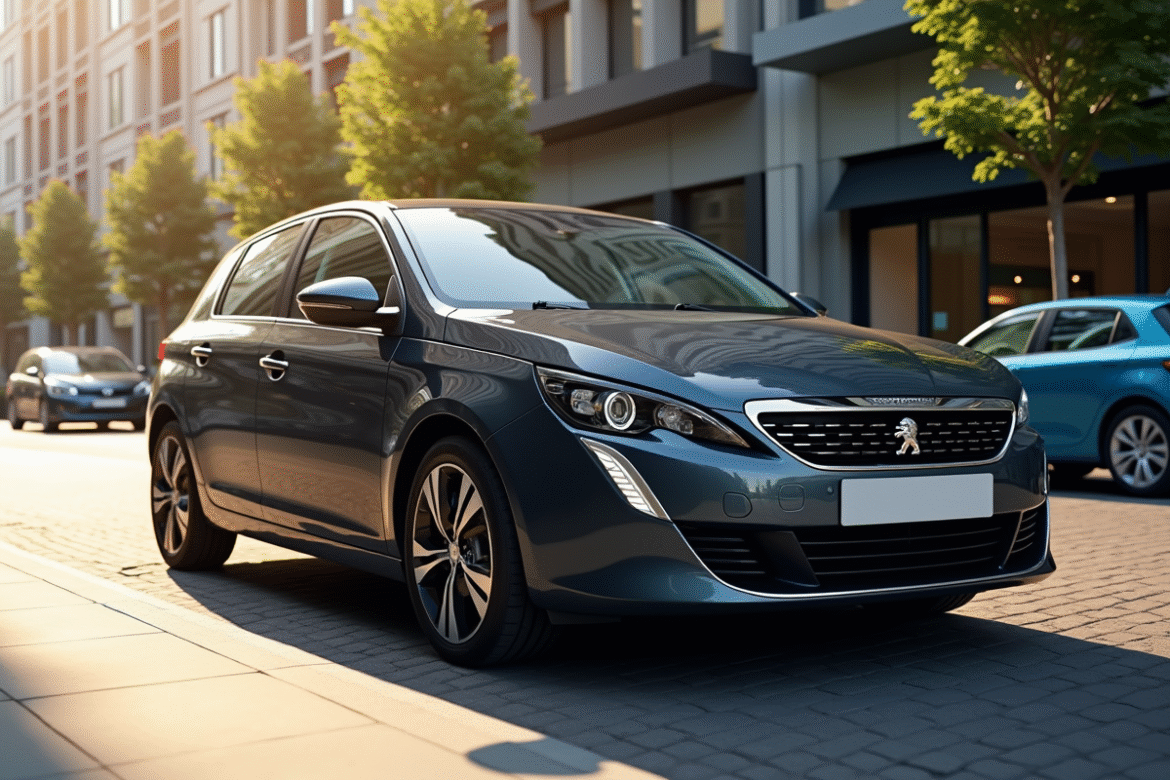 Peugeot 308 2021 stationnée en ville en plein jour