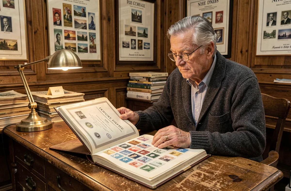 Philatéliste senior consultant un certificat d'expertise et un album de timbres classiques dans une salle de vente aux enchères