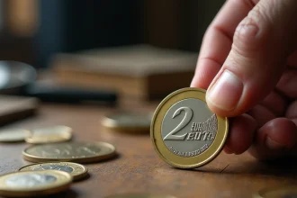 Pièce de 2 euros rare tenue par un collectionneur sur un bureau en bois avec loupe et guide de cotation