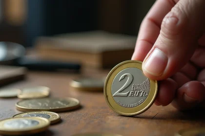 Pièce de 2 euros rare tenue par un collectionneur sur un bureau en bois avec loupe et guide de cotation