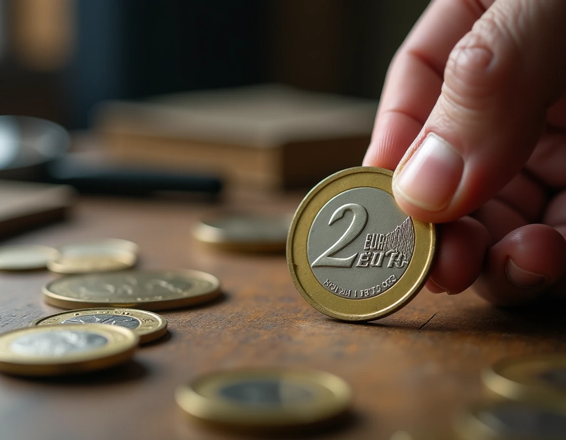 Pièce de 2 euros rare tenue par un collectionneur sur un bureau en bois avec loupe et guide de cotation