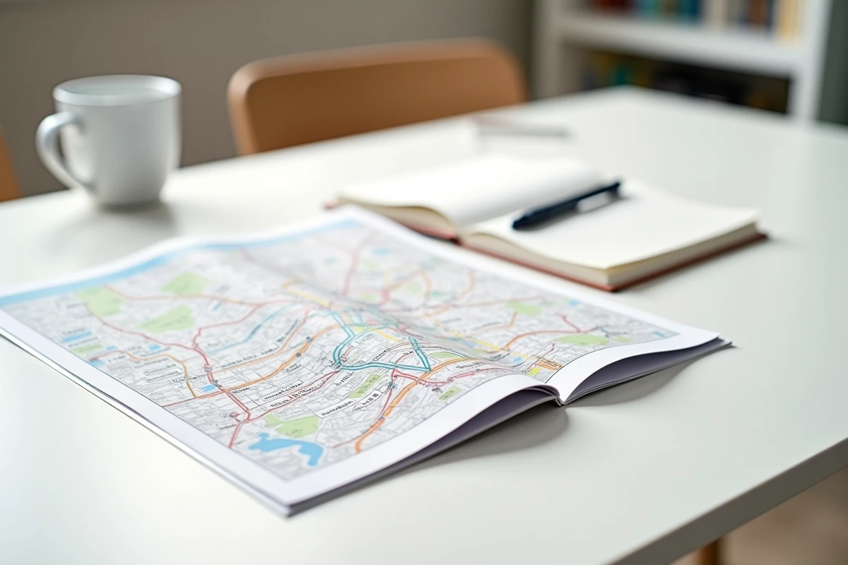 Plan de métro Paris imprimé posé sur un bureau avec stylo et carnet de notes