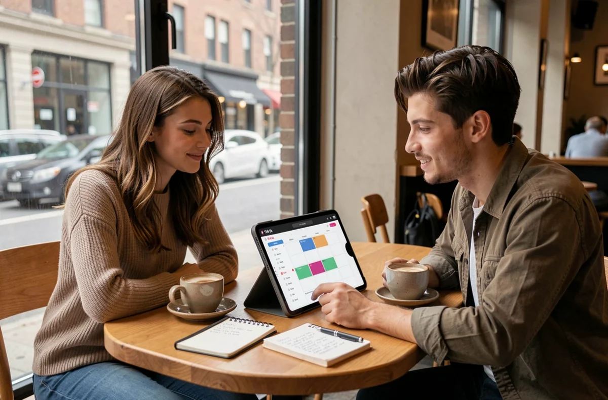 Deux créateurs TikTok collaborant dans un café pour planifier leurs publications du vendredi et maximiser l'engagement