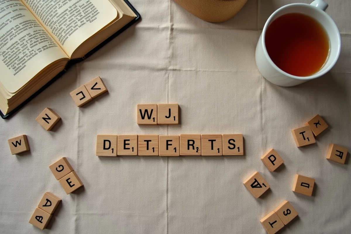 Vue aérienne d'un plateau de Scrabble avec des mots courts contenant les lettres W et Z