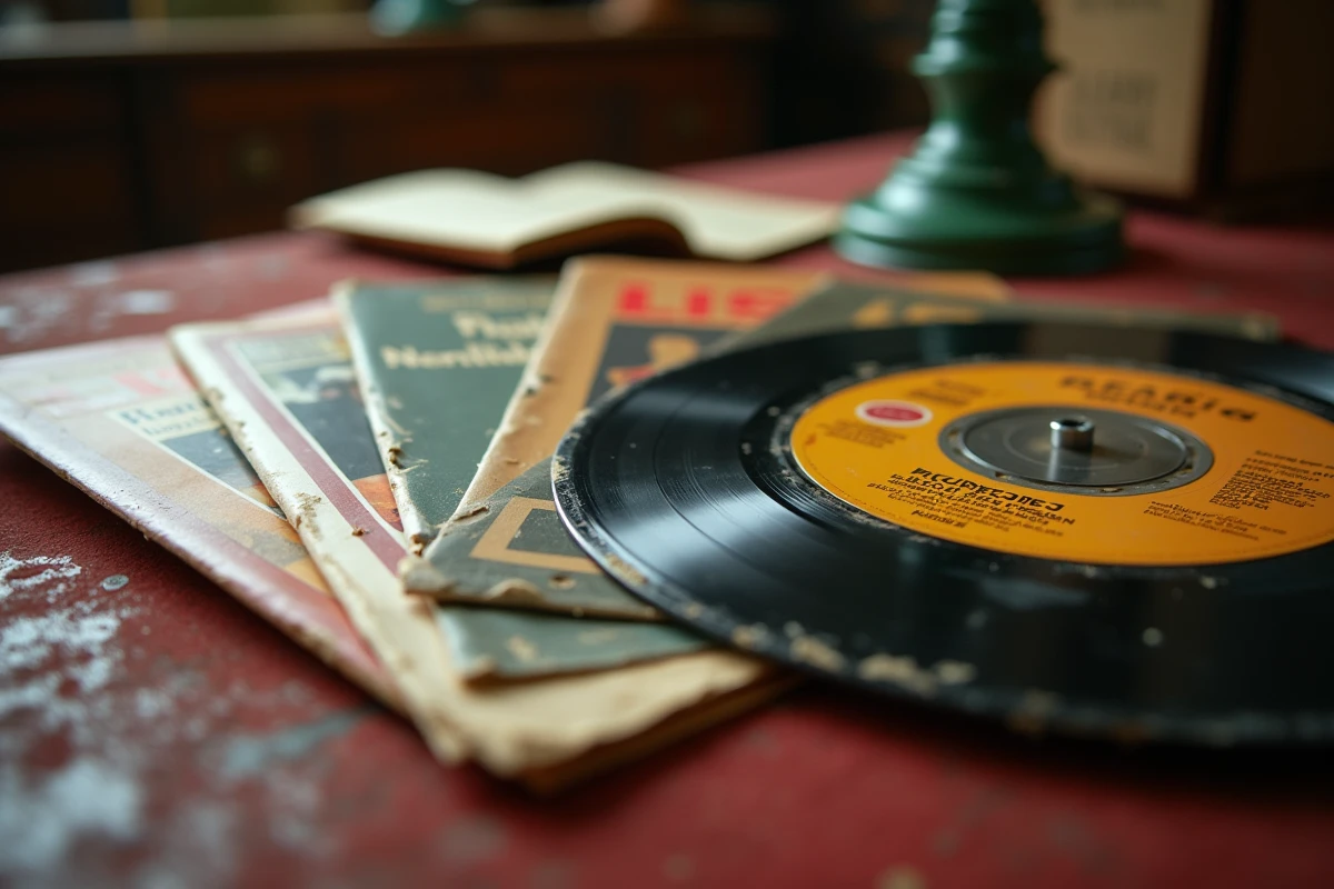 Gros plan sur des pochettes de vinyles anciens et rares posées sur velours, évoquant leur valeur de collection