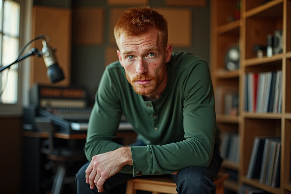 Portrait d'un chanteur roux aux taches de rousseur assis dans un studio d'enregistrement avec micro et console de mixage en arrière-plan