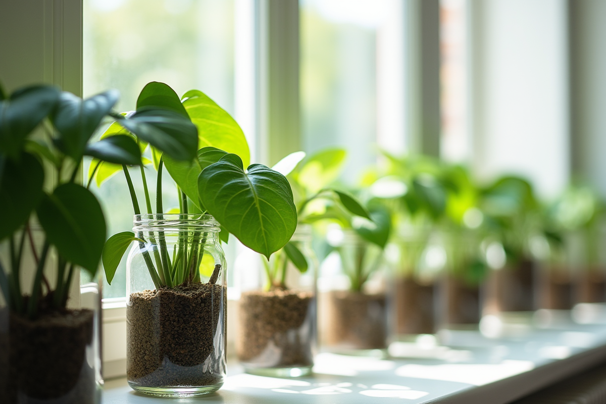 Pothos en jars sur une fenêtre lumineuse avec feuilles vertes