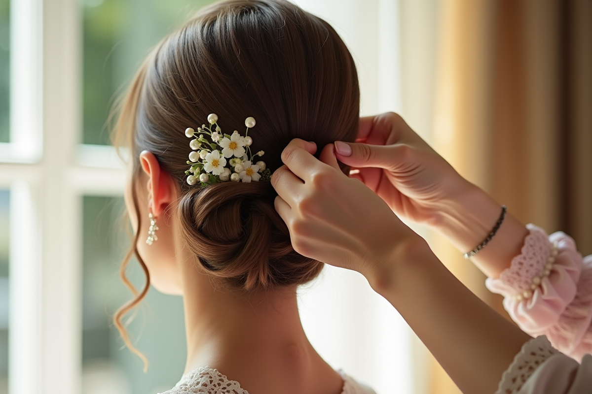Mains créant une coiffure de mariage avec perles et fleurs
