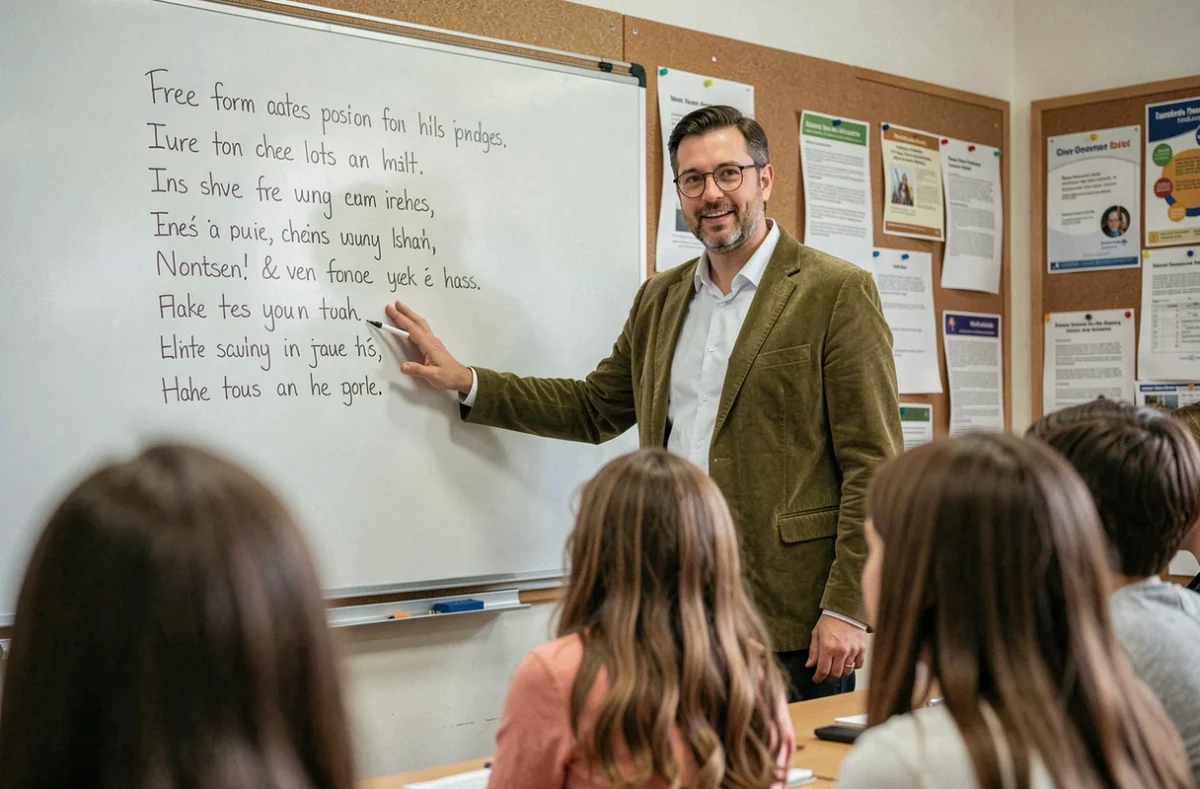 Professeur de français présentant un poème en vers libres au tableau devant ses élèves
