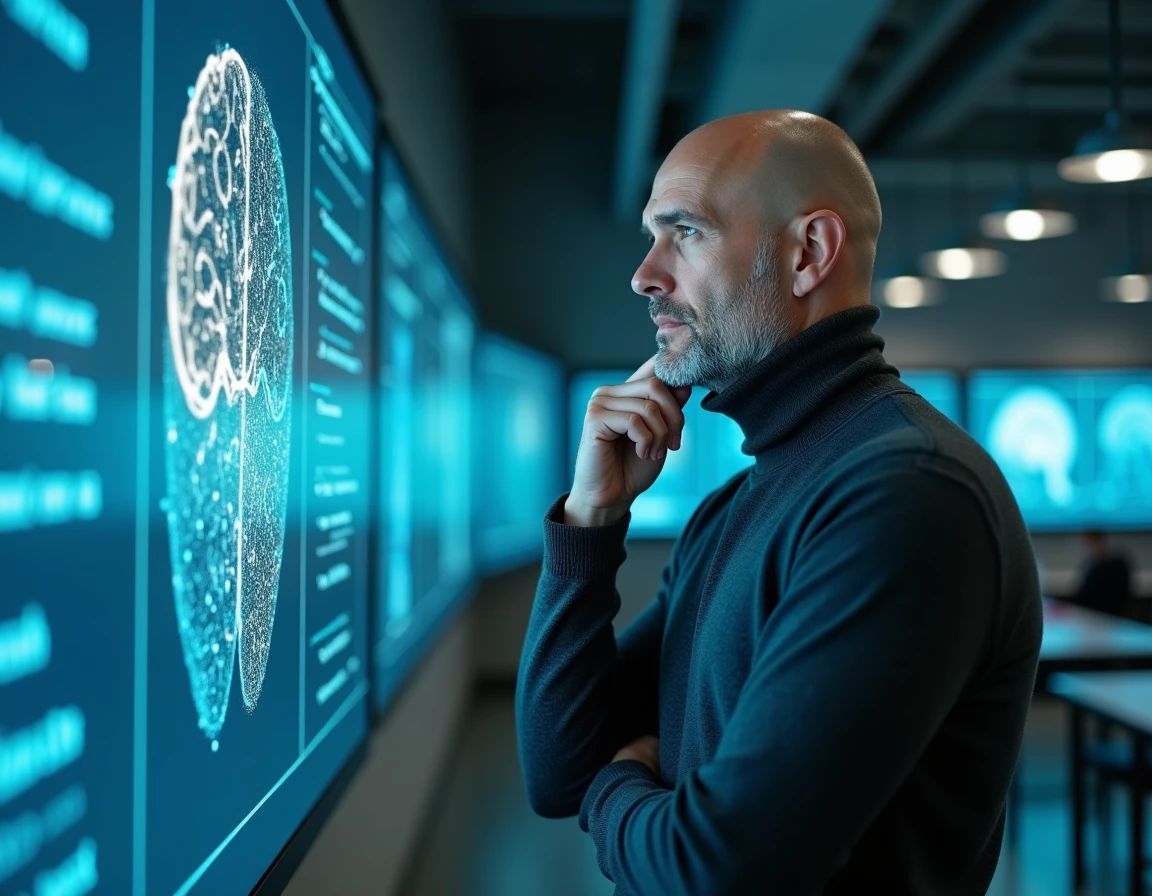 Homme chauve en pull col roulé devant un écran de cartographie cérébrale dans un laboratoire moderne illustrant les pouvoirs télépathiques