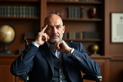 Portrait d'un homme chauve en fauteuil roulant concentré dans une bibliothèque évoquant Professeur Xavier des X-Men
